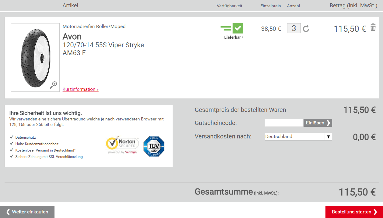 Reifen.com Warenkorb