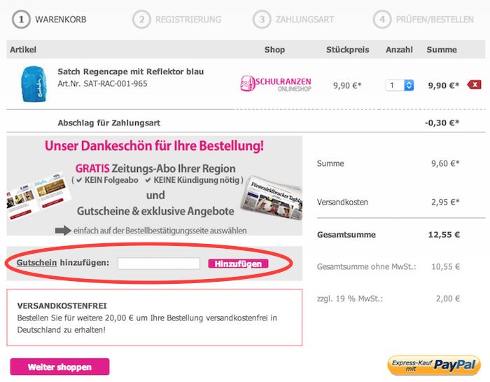 Schulranzen Onlineshop Gutschein einlösen