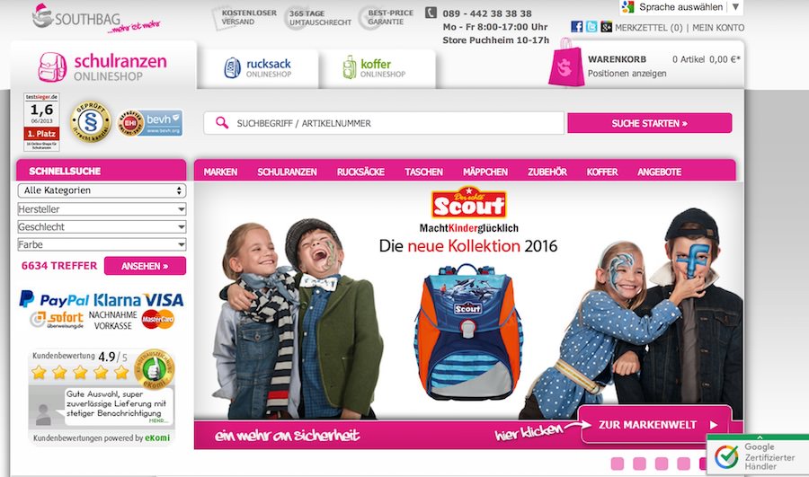 Schulranzen Onlineshop Webseite